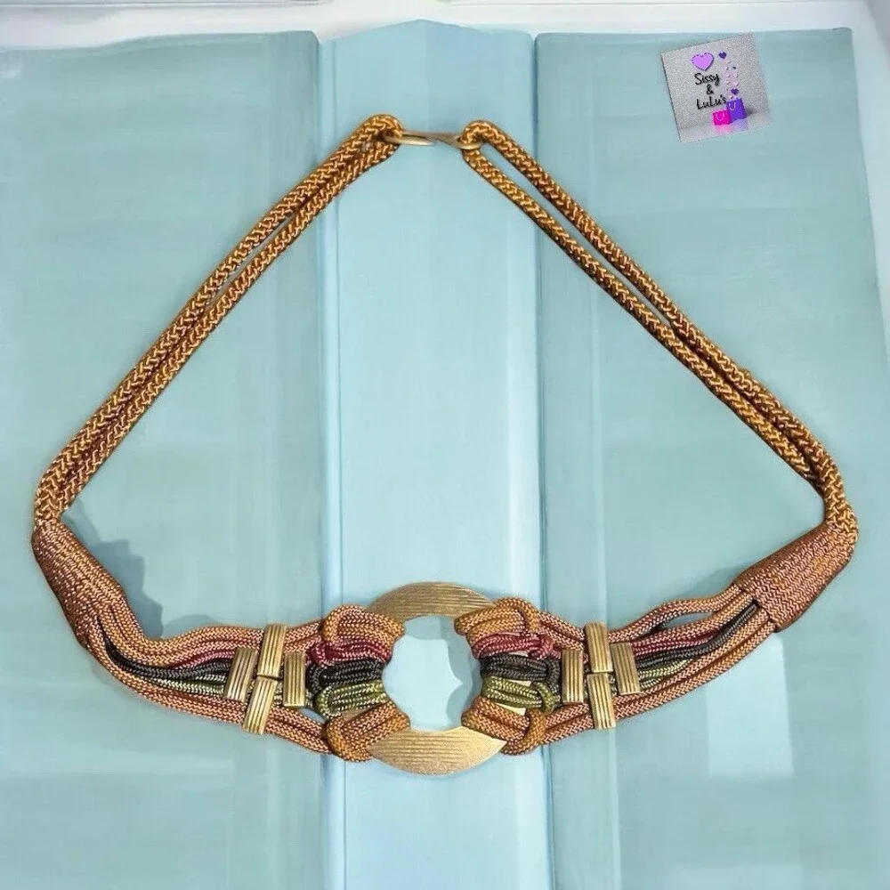 Vintage Braided Rope Belt Womens Multicolor Gold Tone Open Ring Buckle